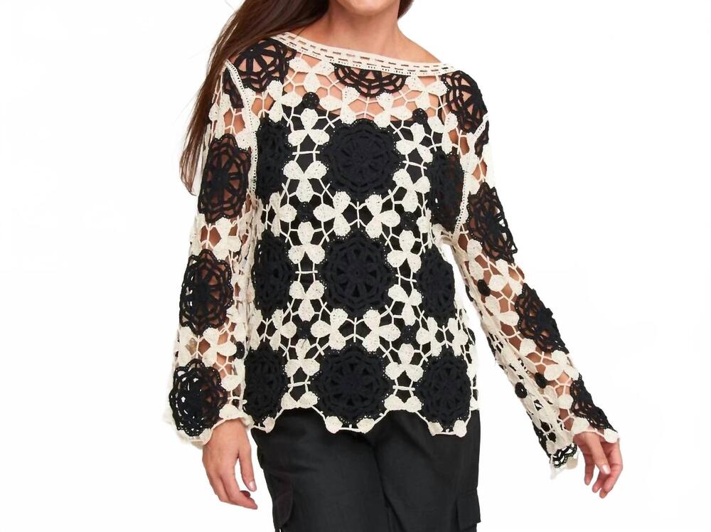 NEW ELSIE & ZOEY blair crochet floral open knit sweater in black/ white